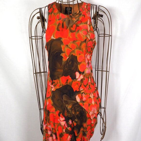 McQ by Alexander McQueen Orange Printed Lyocell Knit Racerback Ruched Dress S - Picture 2 of 16